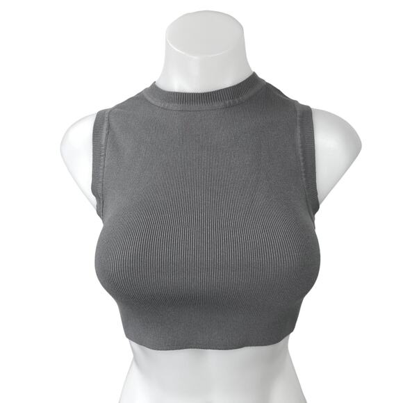 Zara Gray High Neck Ribbed Knit Sleeveless Racerback Crop Sweater Tank Top Sz M - Picture 1 of 4